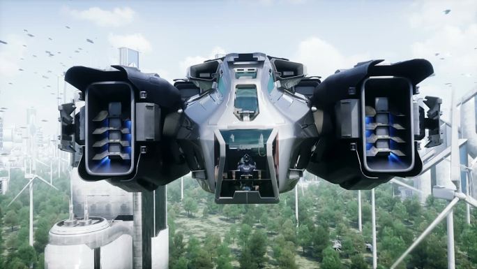 未来城市里的科幻飞船。鸟瞰图。逼真的4k动画。