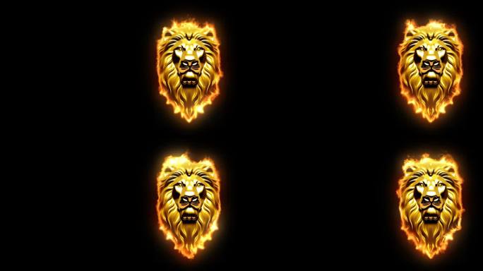 3D渲染动画的金色狮子徽章火孤立在黑色背景