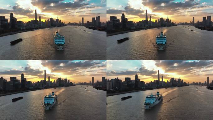 上海黄浦江轮船城市建筑航拍