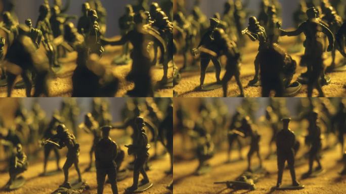 极端特写的塑料玩具士兵武装和准备战斗