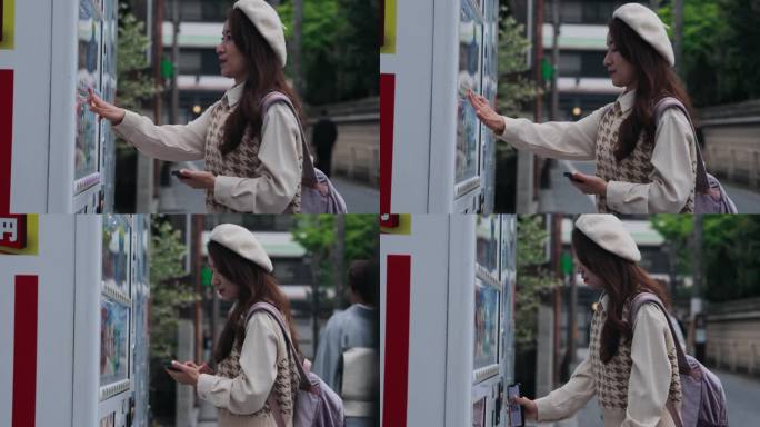 一名亚洲妇女正在日本京都街头的自动售货机上购买商品，并用智能手机上的移动条形码付款。