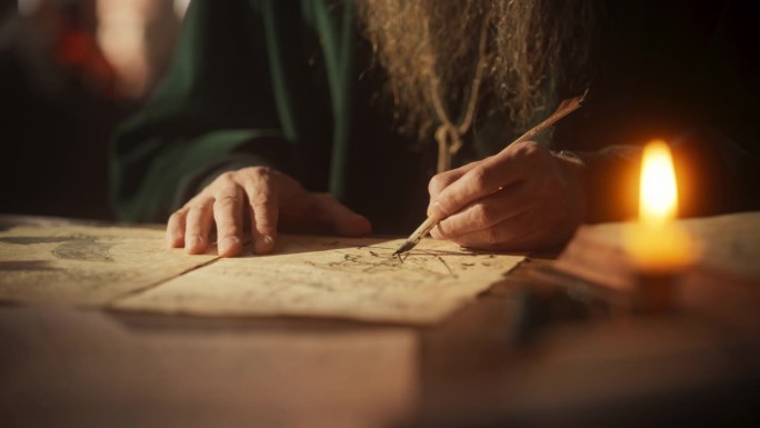 近距离观察文艺复兴时期的男性用墨水和羽毛笔为一项新发明绘制蓝图。致力于创新创造的发明家，写笔记和观察