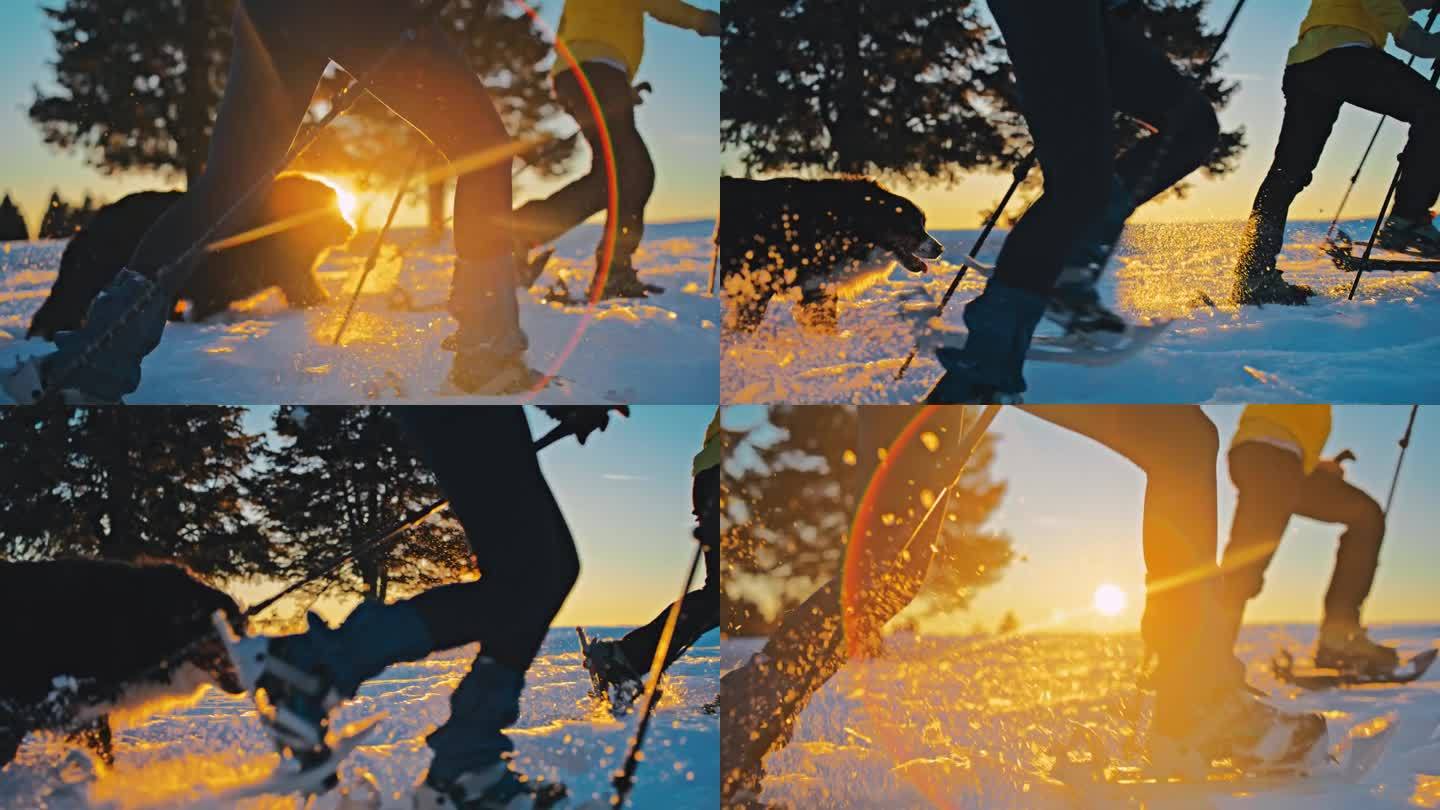 日落时分，两个女人带着一只狗在雪坡上走雪鞋