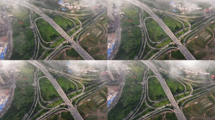 云雾下的城市立交桥交通枢纽