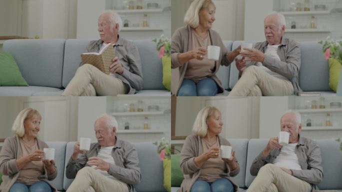 老男人看书，然后和老妻子坐在家里的沙发上喝茶