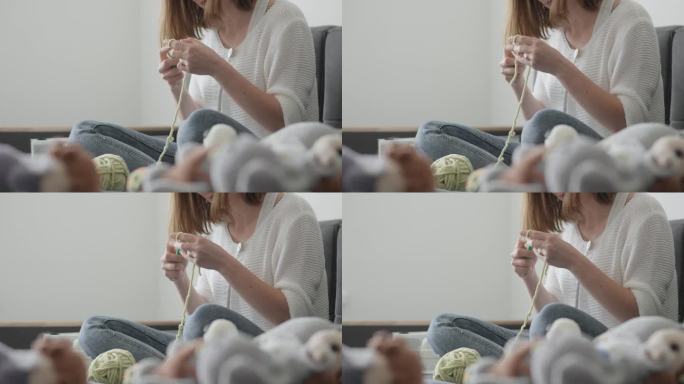 一名妇女正在休息，编织amigurumi，这是一种柔软的纺织品玩具，不仅可以安慰孩子，而且可以使房子