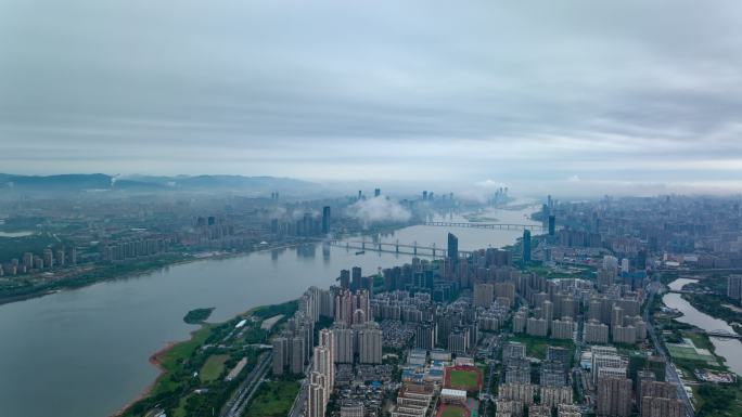 清晨云海南昌城市赣江城市大全景延时航拍