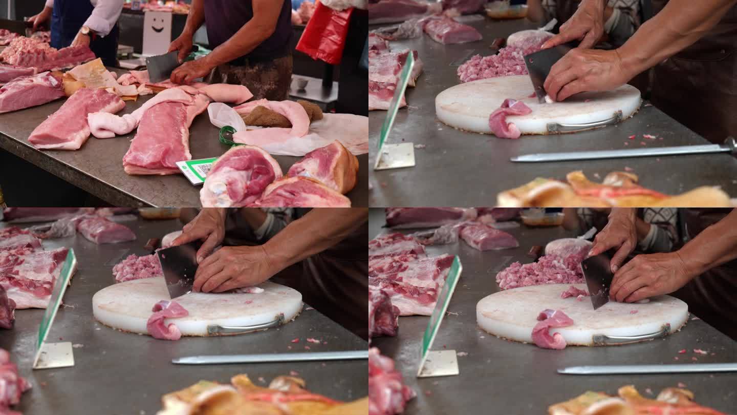 菜市场猪肉档口切猪肉