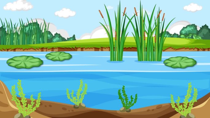 睡莲垫在池塘场景卡通运动图形循环