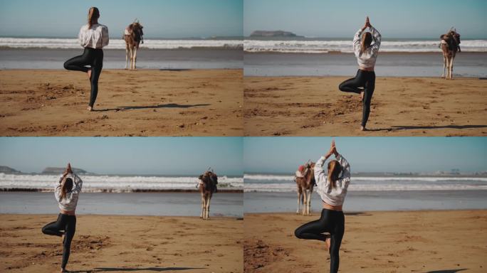 在沙滩上做瑜伽的女人