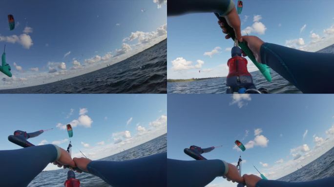 POV可穿戴相机观看海浪上的风筝冲浪
