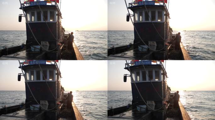4k船上夕阳 渔船出海捕捞收获