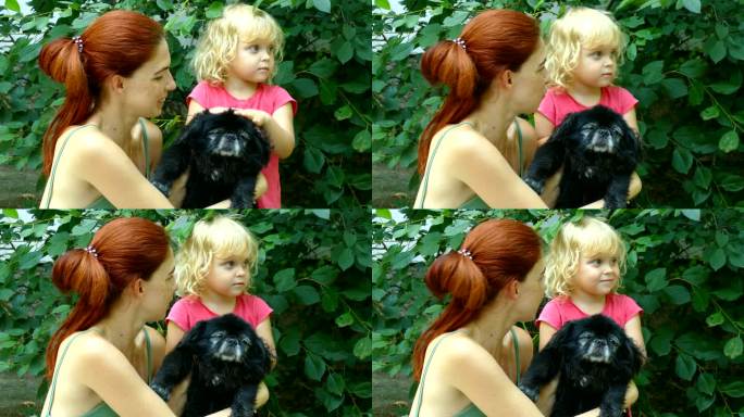 年轻女子带着一个小女孩和她的狗玩耍