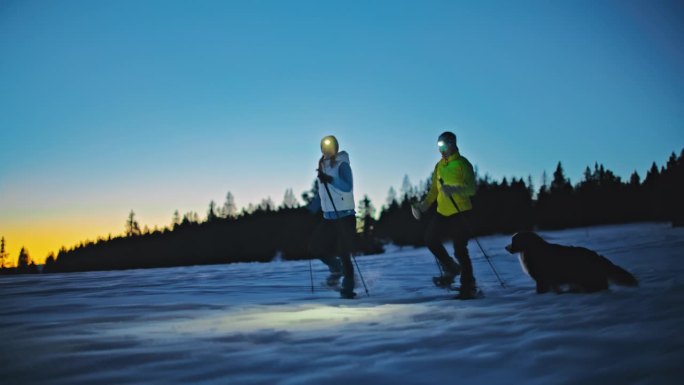 黄昏时分，两个女人带着她们的狗在乡下走雪鞋