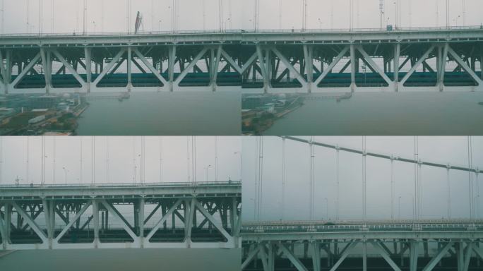 航拍4K高铁与车辆并行的五峰山大桥