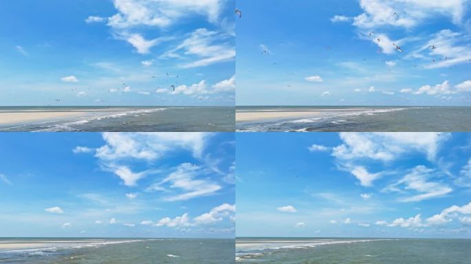 广西北海银滩美丽航拍风景海鸟成群飞翔蓝天