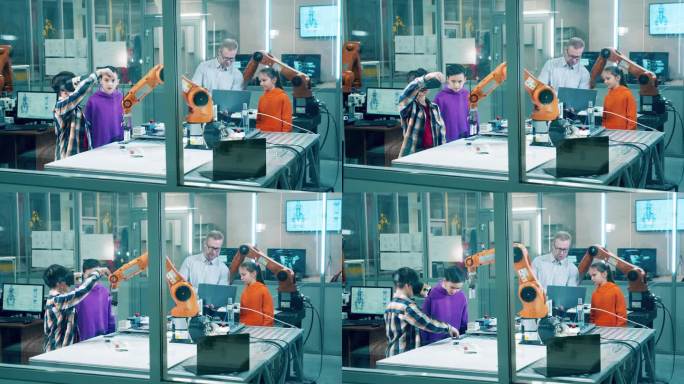 在一个现代化的学校实验室里，一群孩子正在使用虚拟现实技术来管理机器人