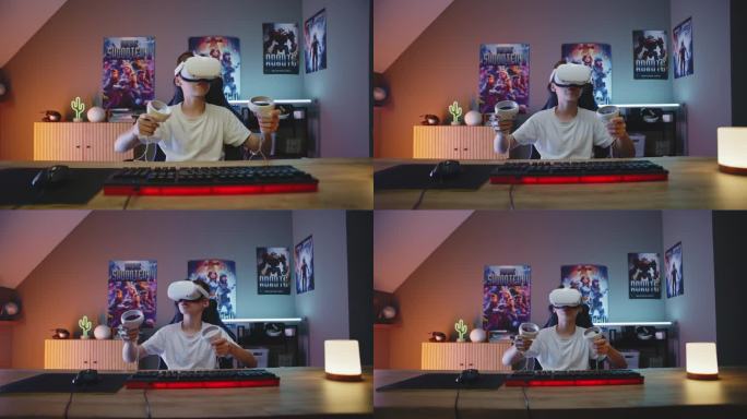 年轻玩家戴着虚拟现实头盔玩虚拟网络游戏