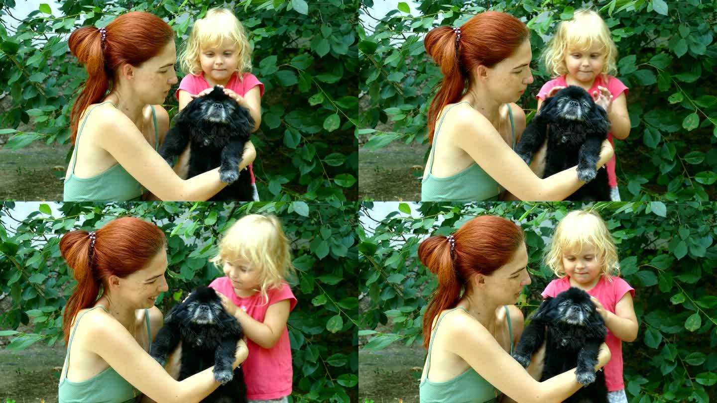 妇女和小女孩在户外与宠物玩耍
