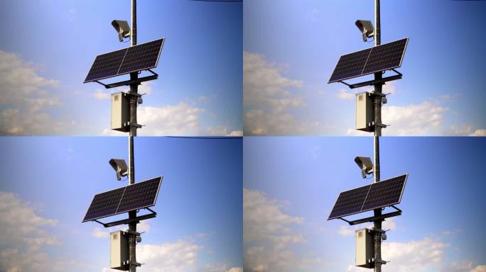 这段视频显示，太阳能电池板安装在城市的一根杆子上，为用于速度控制的监控摄像头供电