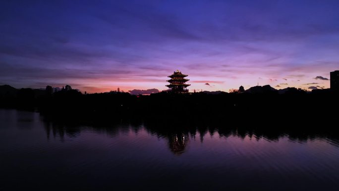 浙江绝美夕阳下古建筑金狮湖夜景航拍