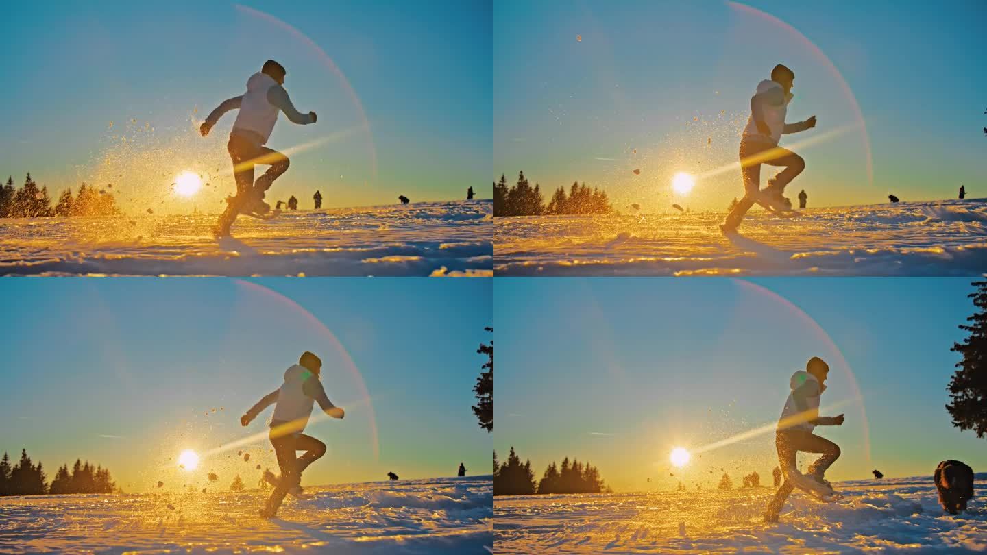 一个女人穿着雪鞋和她的狗在山上的雪地上奔跑