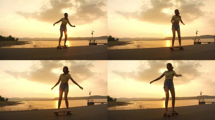 日落时分，一名年轻女子在木板路上滑滑板