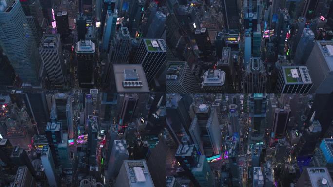 俯瞰纽约曼哈顿中城时代广场鸟瞰图。直升机在纽约商业街区、旅游目的地和娱乐中心上空飞行