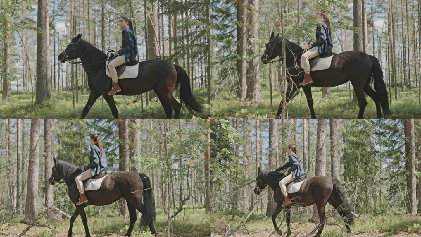年轻女子在树林里骑马