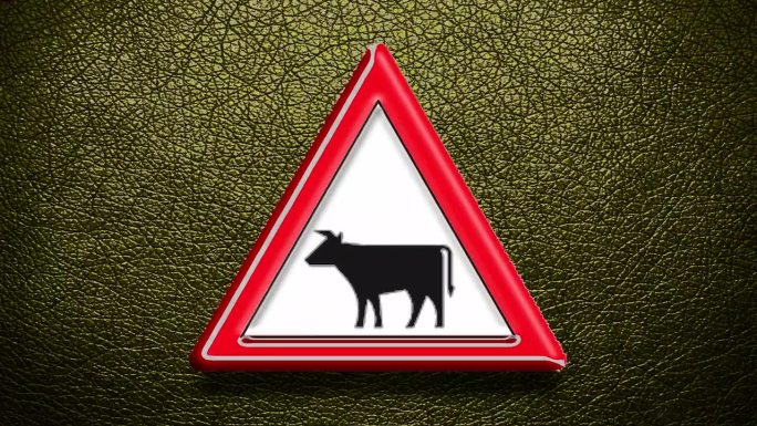 动画闪烁的符号，标志，标志或警告“奶牛或农场动物经常经过”在黑色背景