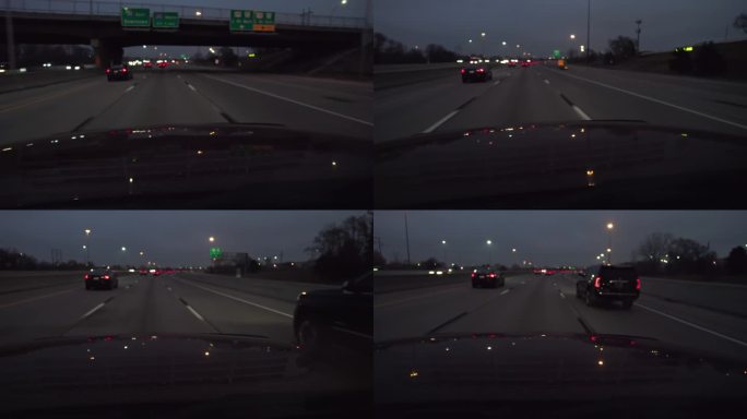 黑色广角视角从汽车引擎盖行驶在高速公路夜间