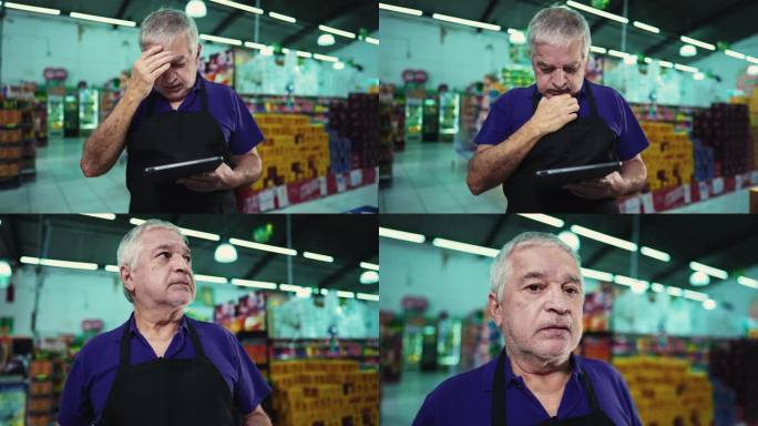 超市连锁店的老板感到压力，面临杂货店经营的困难。一个沮丧的经理，胡子没刮，头发花白