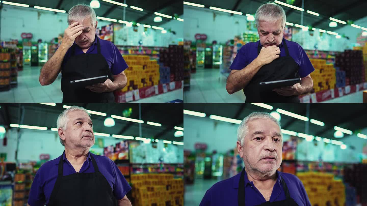 超市连锁店的老板感到压力，面临杂货店经营的困难。一个沮丧的经理，胡子没刮，头发花白