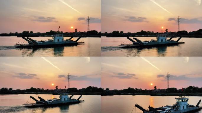 正版4K  落日下的淮河渡船航拍