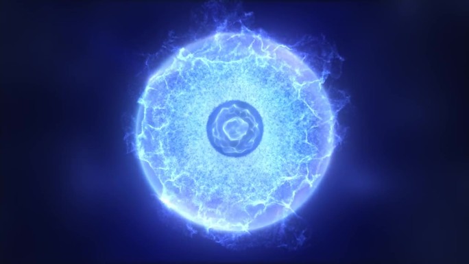 抽象的蓝色球体原子带着电子飞舞发光的明亮粒子和能量魔法场，科学未来的高科技背景