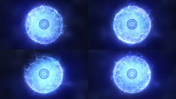 抽象的蓝色球体原子带着电子飞舞发光的明亮粒子和能量魔法场，科学未来的高科技背景