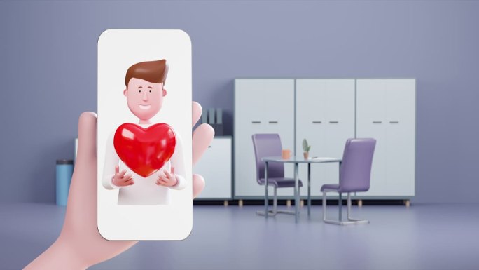 3d动画卡通人物手持心形，用智能手机发送爱心。