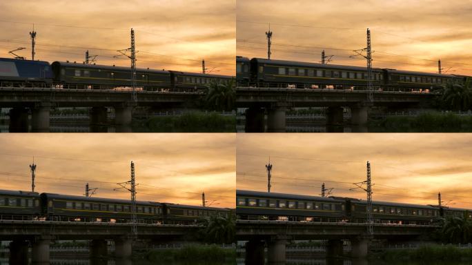 夕阳黄昏下的绿皮火车