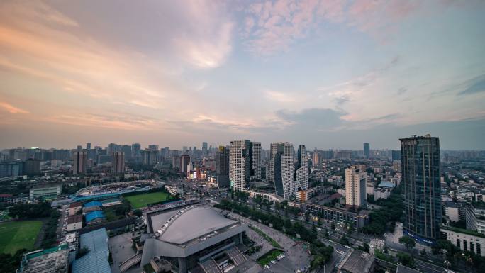 成都来福士广场体育馆白天转夜晚延时素材