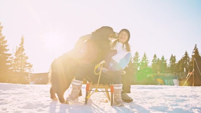在一个阳光明媚的日子里，两个女人和她们的狗在雪坡上玩耍