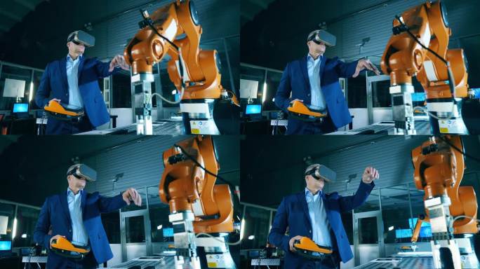 一个研究人员正在虚拟地控制机器人的机构