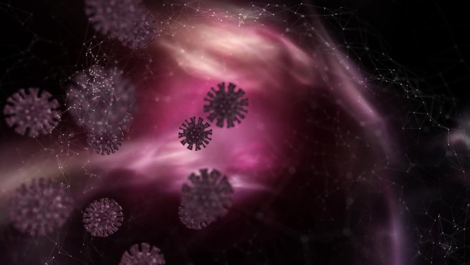 科学未来概念3D冠状病毒分子环与明亮的红色体积灯和闪烁的点网背景。