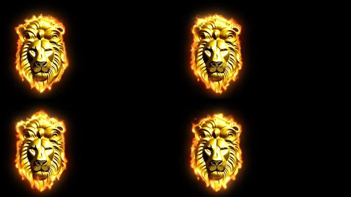 3D渲染动画的金色狮子徽章火孤立在黑色背景