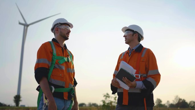两位戴着安全帽和护目镜的白人工程师在日落前用风力涡轮机在农田里工作，他们握手道别，风力涡轮机发电