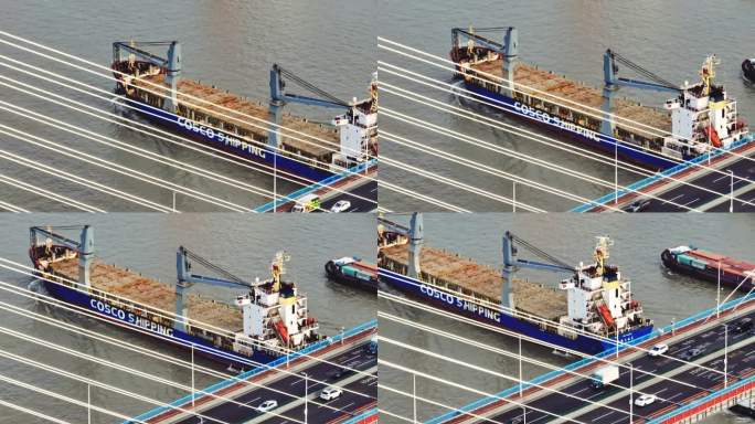 上海杨浦大桥长焦航拍斜拉索结构轮船车流