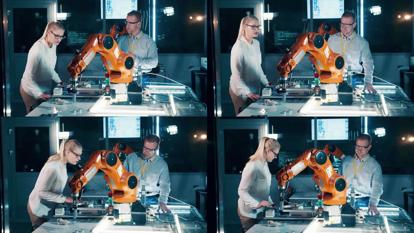 机器人技术人员正在一个现代化的实验室里检查机器人设备