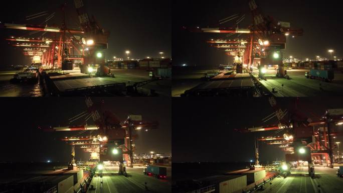 南沙港码头吊装工作夜景航拍
