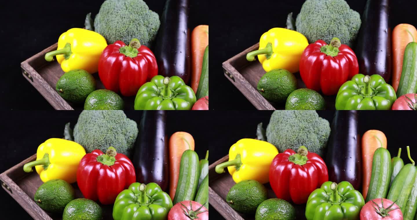 黑色背景下桌子上的蔬菜特写镜头