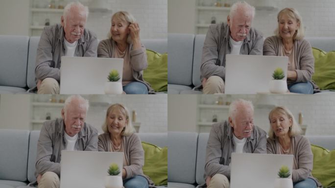 奶奶和爷爷在家里用笔记本电脑进行在线视频通话