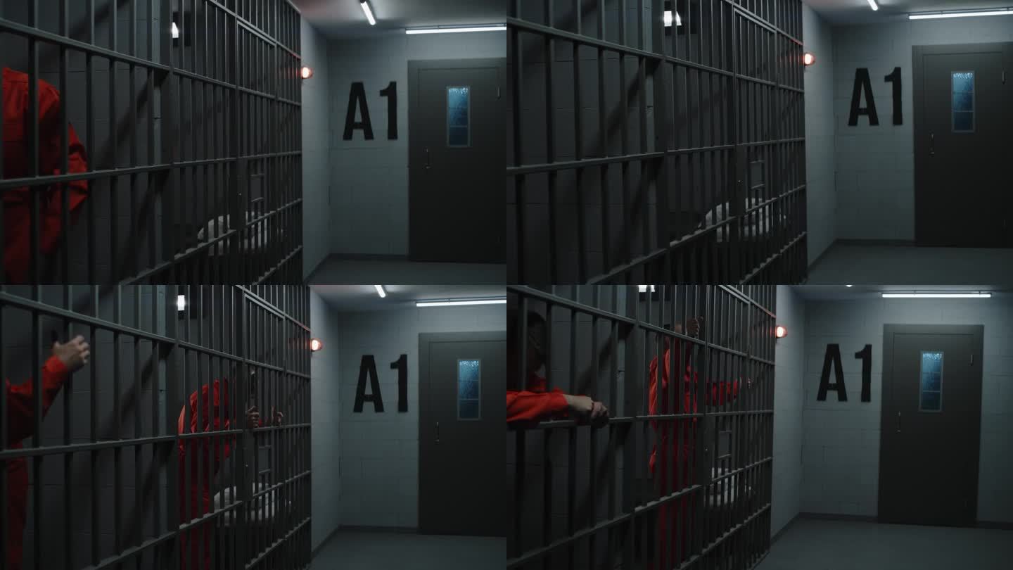 身穿橙色制服的囚犯走在牢房里，手里拿着金属栏杆